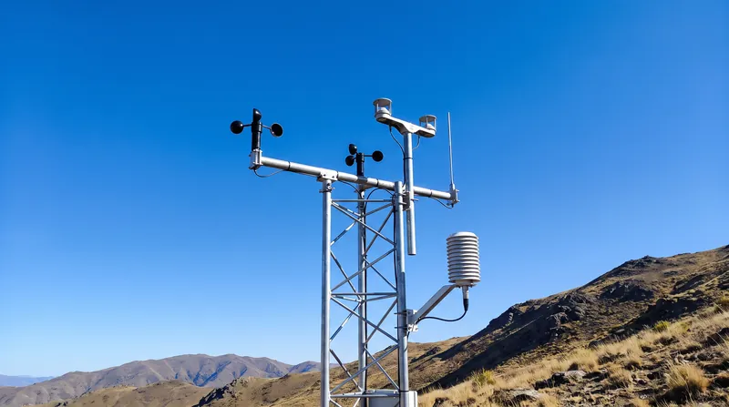 A modern meteorological station with anemometers and temperature sensors against a clear blue sky.