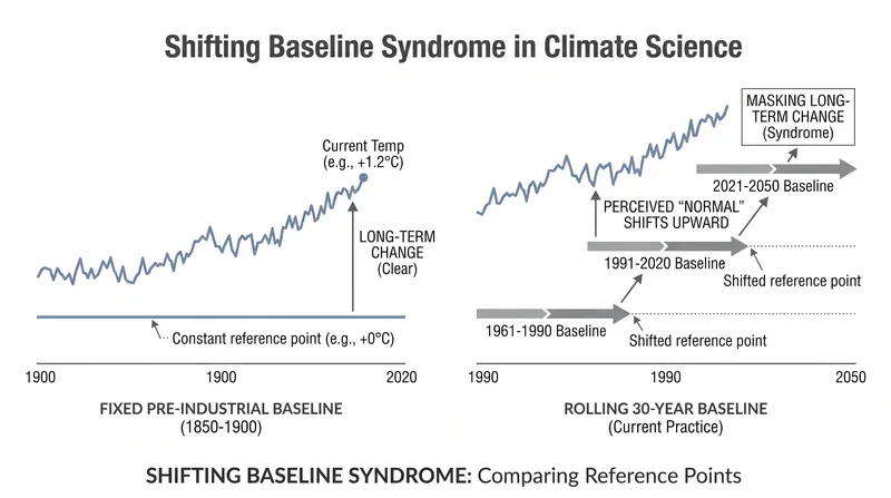 A rolling baseline absorbs historical warming, making current temperatures appear less extreme.