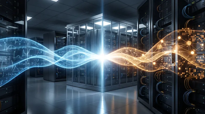 Abstract visualization of blue and amber data streams merging into a single white beam inside a server room.