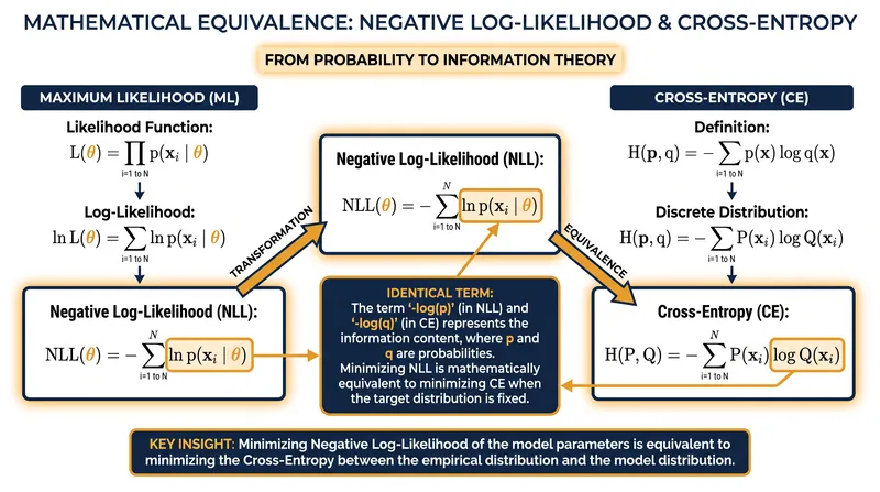 When the target distribution is one-hot encoded, the cross-entropy formula collapses into the exact equation for negative log-likelihood.