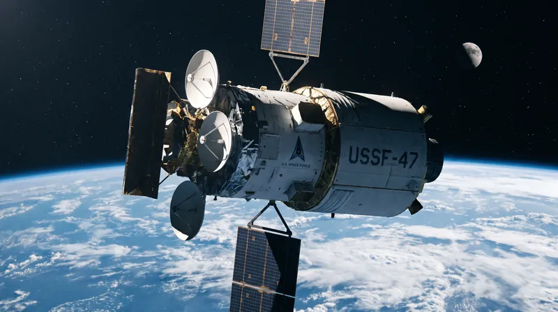 A military satellite orbits Earth against the black backdrop of space with the moon visible.