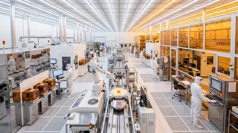 A wide view of a highly automated, sterile semiconductor fabrication facility with advanced manufacturing equipment.