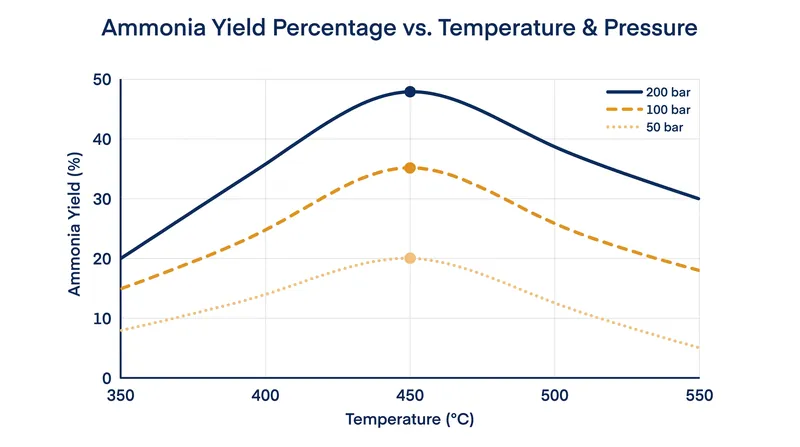 At 450°C, increasing the pressure to 200 bar is necessary to achieve a commercially viable 15 percent single-pass yield.