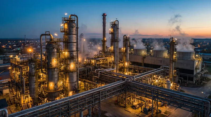 Large steel reactor vessels and complex piping at an industrial ammonia synthesis chemical plant.