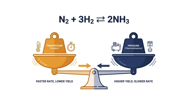 The chemical equation requires four moles of reactant gas to produce two moles of ammonia, making the reaction highly sensitive to pressure.