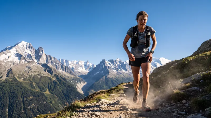 An endurance athlete running on a high-altitude mountain trail under a clear sky.