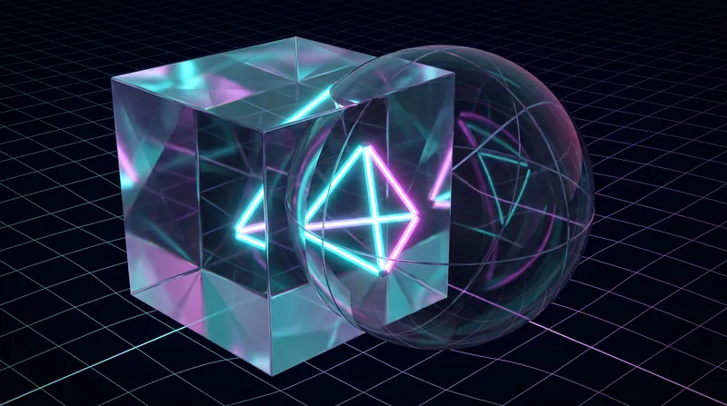 A 3D wireframe visualization showing two overlapping convex shapes with a highlighted geometric simplex in the center.