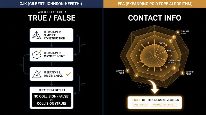 GJK provides rapid boolean detection, while EPA handles the computationally heavy resolution.