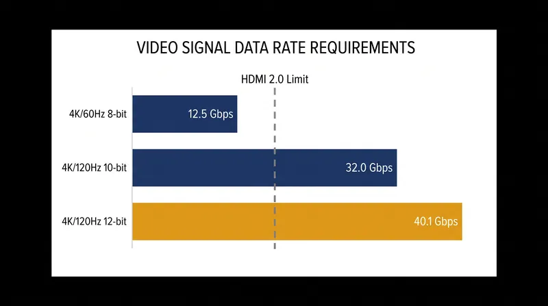 Data throughput requirements scale aggressively as frame rates and color depth increase.