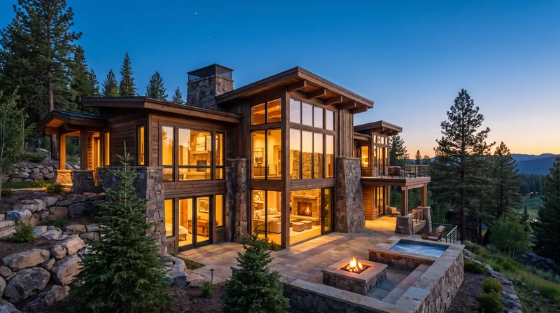 A modern luxury vacation home exterior at dusk, featuring large glass windows and natural stone architecture.