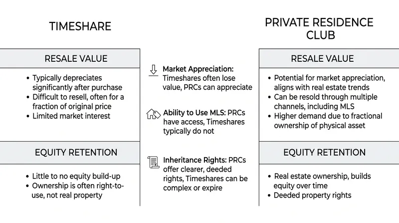 Deeded fractional interests move with the local real estate market, whereas right-to-use contracts typically depreciate.