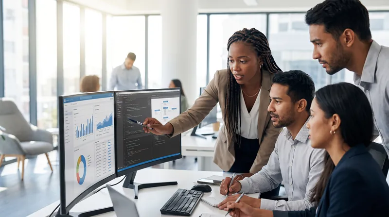 Corporate employees in a modern office looking intently at a complex software interface on a computer monitor.