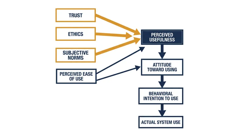 Recent extensions of the model show that trust and ethics act as moderators, but usefulness remains the core engine of AI adoption.