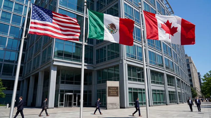 Three flags representing the United States, Mexico, and Canada flying together outside a government building.