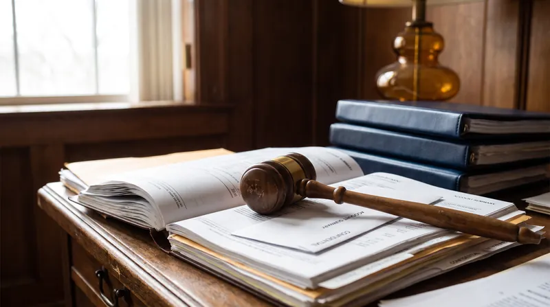 A wooden judge's gavel resting on top of financial documents and bank statements.