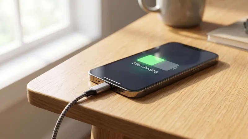 A modern smartphone resting on a wooden desk, plugged into a USB-C cable with the screen showing a 50 percent charge.