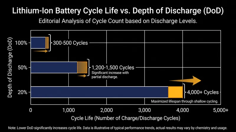 Shallow discharges exponentially increase the total number of cycles a battery can deliver before degrading to 80% capacity.
