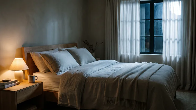 A neatly made bed in a dimly lit, calming bedroom with moonlight filtering through the window.