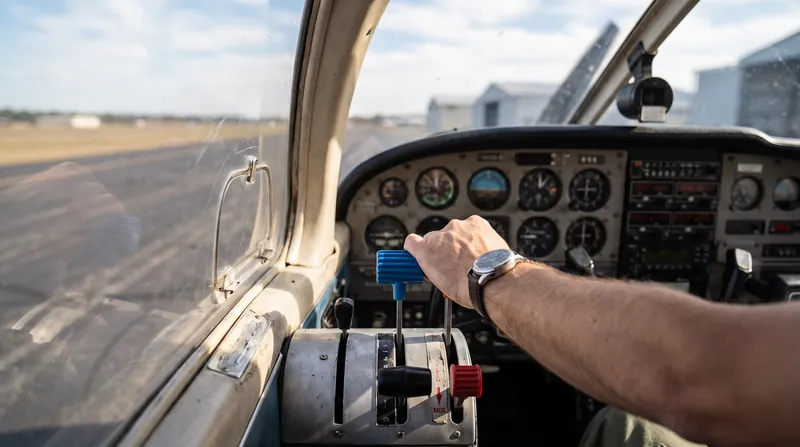 The blue propeller control lever allows the pilot to set a target engine RPM, which the governor then maintains automatically.