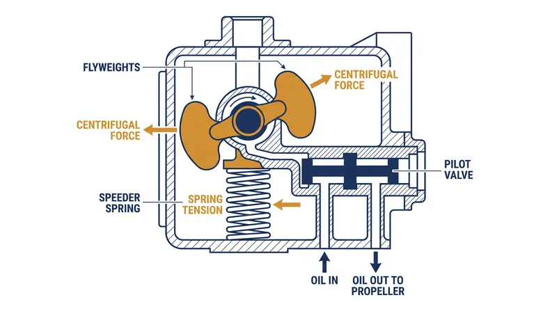 Inside the governor, flyweights and a speeder spring work together to sense engine RPM and meter oil pressure to the propeller hub.