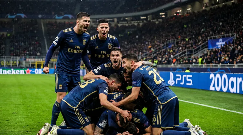 Benfica soccer players in away kits celebrating a goal on the pitch at San Siro stadium.