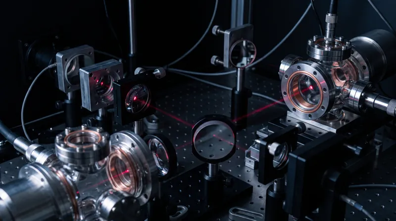 A complex physics laboratory setup featuring gleaming mirrors, lenses, and vacuum chambers illuminated by a red laser beam.
