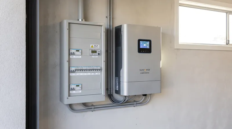 A modern hybrid solar inverter and battery system mounted next to a residential electrical switchboard.