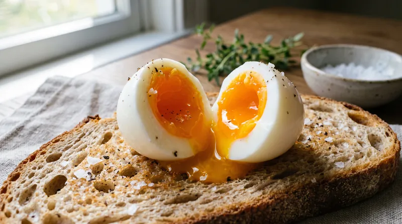 A soft-boiled egg sliced in half on toast, showing a firm white and runny yolk.