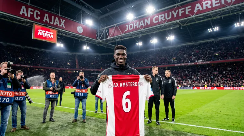 Soccer player Yves Bissouma holding a red and white Ajax Amsterdam jersey on a stadium pitch.