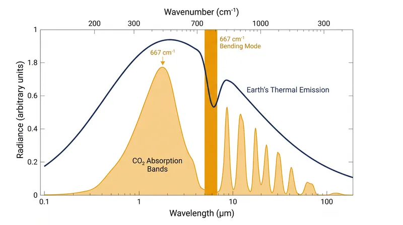 While the asymmetric stretch absorbs more intensely per molecule, the bending mode at 15 micrometers perfectly overlaps with Earth's peak thermal emission.