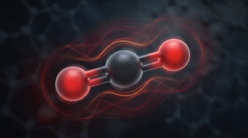 A 3D rendering of a carbon dioxide molecule with glowing infrared waves illustrating molecular vibration.