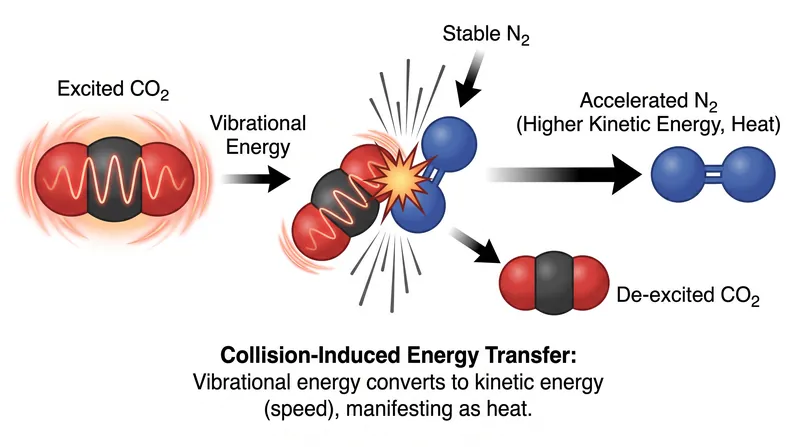 Absorbed infrared energy is primarily transferred to the surrounding atmosphere through physical collisions with nitrogen and oxygen molecules.