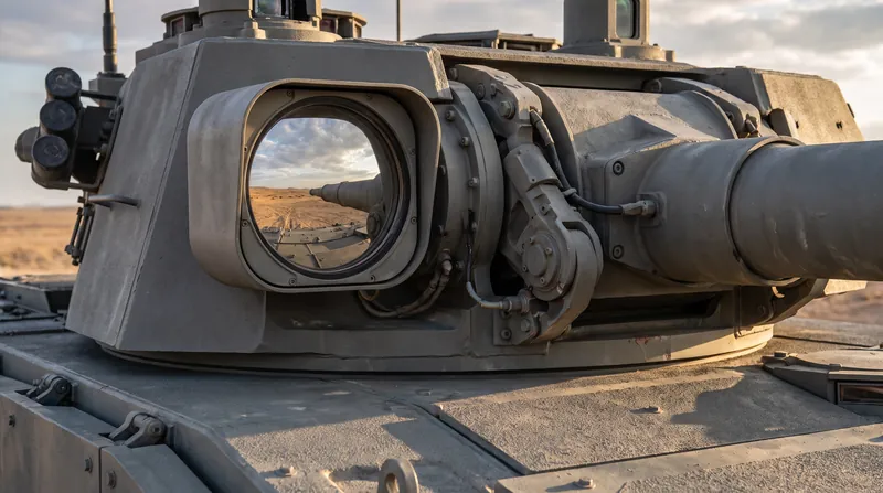A close-up view of a military high-energy laser turret featuring a large, highly polished optical mirror.
