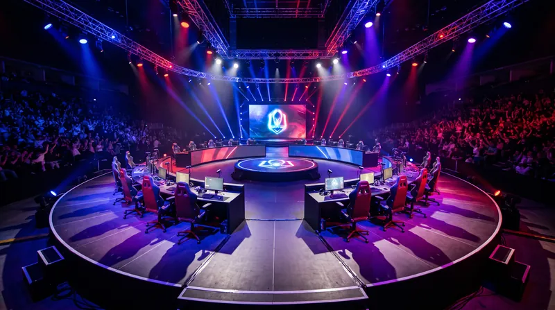 An empty professional esports tournament stage illuminated by dramatic lighting before a match.