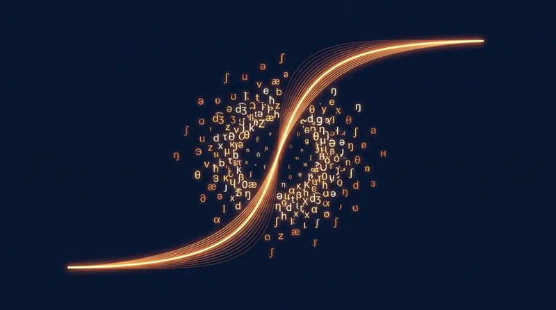 An abstract glowing S-curve line graph on a dark background surrounded by scattered phonetic symbols.