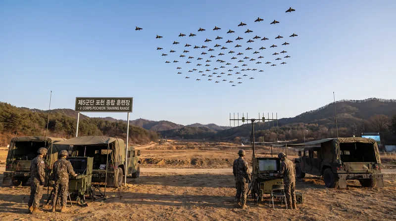 A swarm of small military drones flying in formation above a dirt training ground with observers watching from below.
