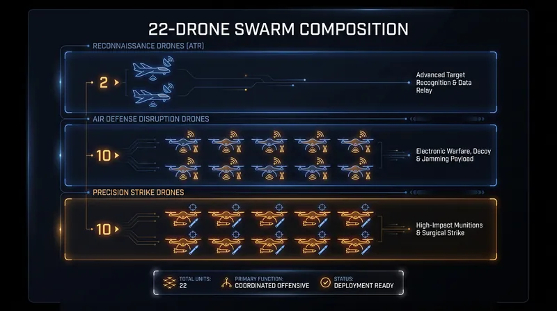 The 22-drone swarm was divided into specialized roles for reconnaissance, disruption, and precision strikes.