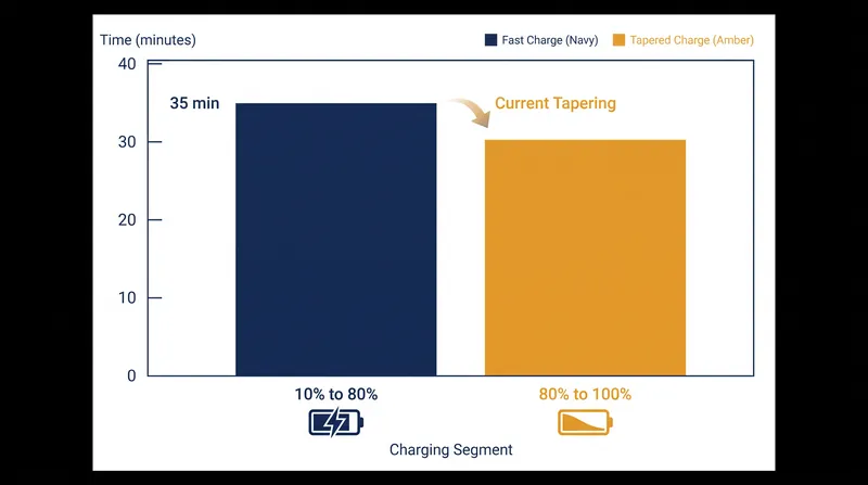 Charging from 80% to 100% can take as long as the bulk charge phase due to severe current tapering.