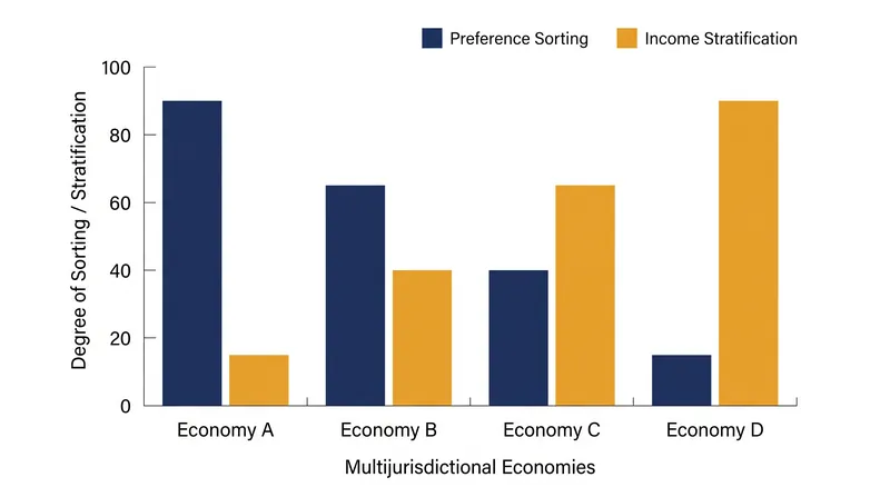 Empirical models from 1997 demonstrate that multijurisdictional competition often results in income stratification rather than pure preference matching.