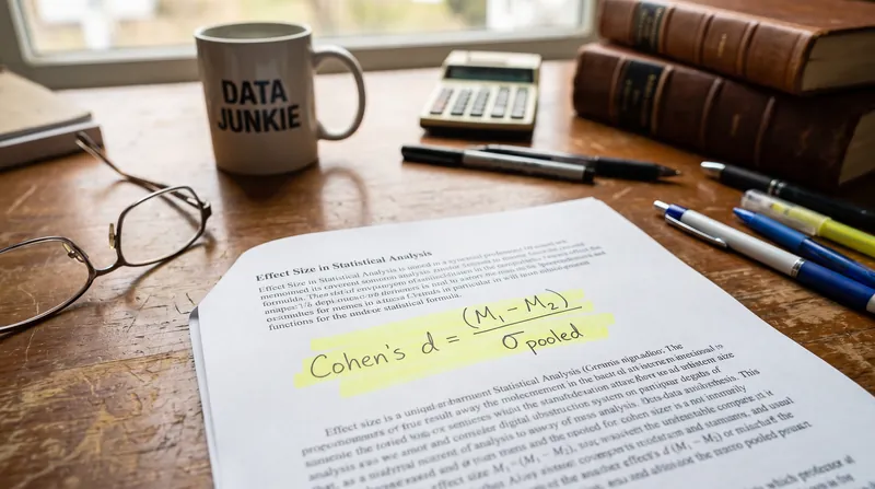 A close-up view of a printed academic paper showing the Cohen's d statistical formula highlighted in yellow marker on a wooden desk.