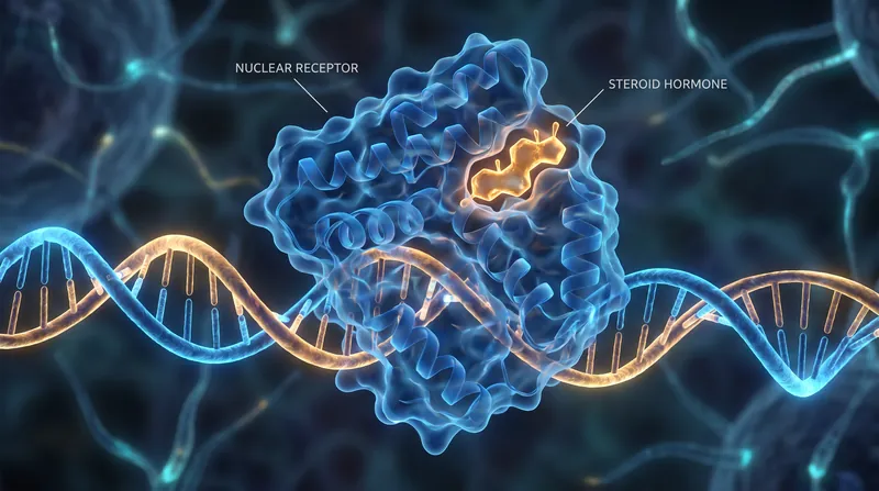 A 3D molecular rendering showing a steroid hormone binding to a nuclear receptor on a DNA strand.