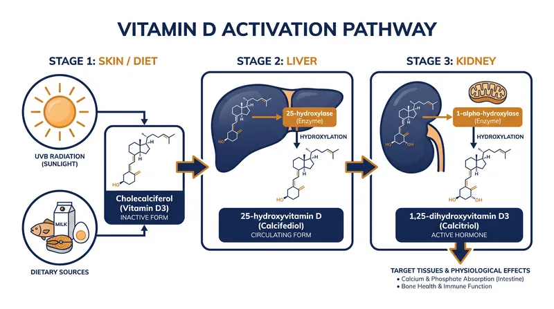 Vitamin D must undergo two distinct hydroxylation steps in the liver and kidneys before becoming the active hormone calcitriol.