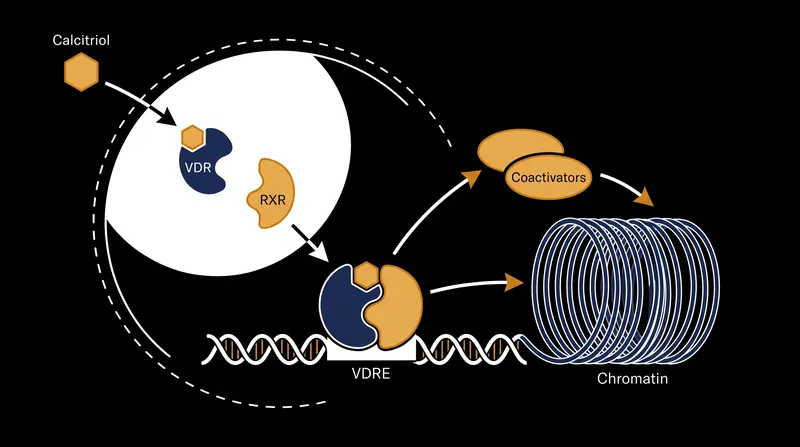 The calcitriol-VDR complex pairs with the retinoid X receptor (RXR) to scan the genome for Vitamin D Response Elements (VDREs).