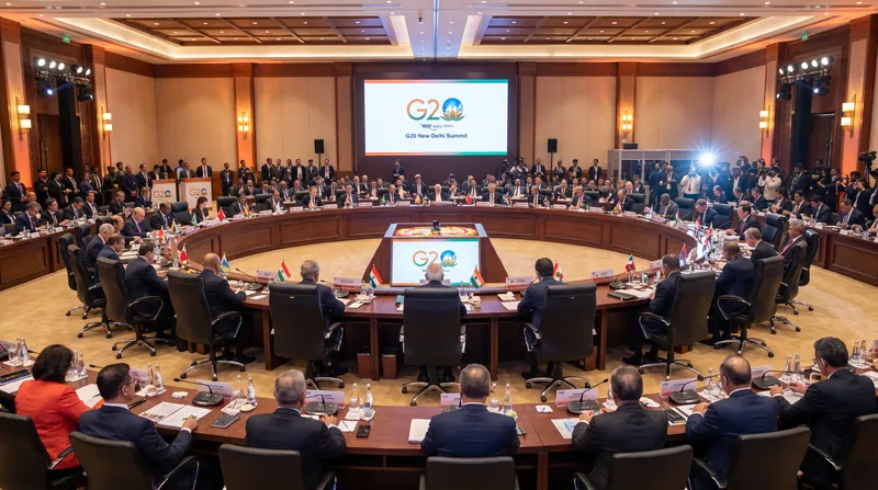 Delegates seated at a large circular table with national flags during a G20 summit plenary session.