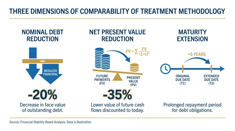 The Paris Club evaluates comparability across three distinct financial dimensions.