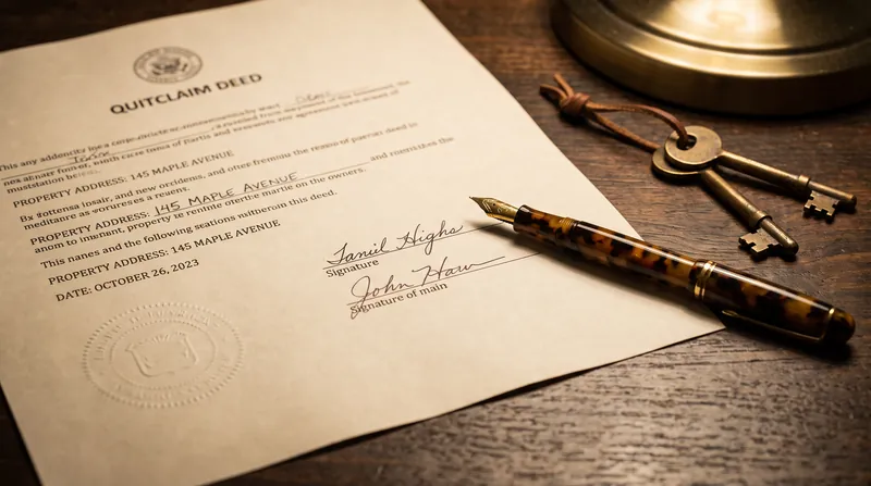 A close-up view of a real estate deed document resting on a wooden desk next to a pen and keys.