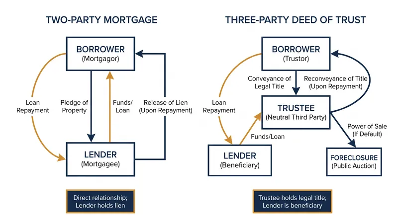 A deed of trust introduces a neutral third party to hold the property's title.
