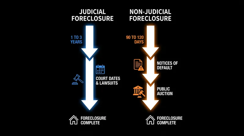 Non-judicial foreclosures bypass the court system, drastically accelerating the timeline.