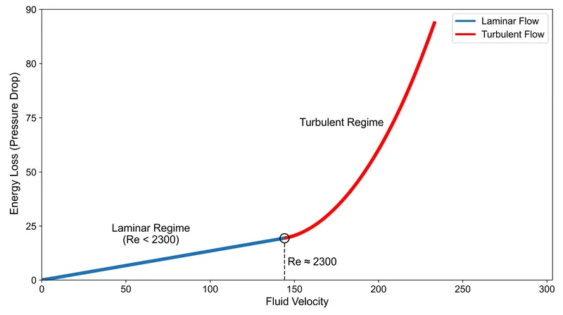 Energy loss scales linearly with velocity in laminar flow, but exponentially in turbulent flow.
