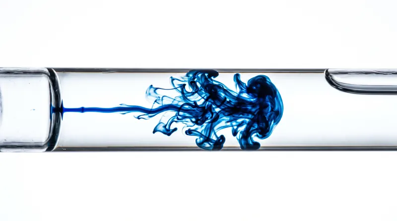 A clear glass pipe showing a straight blue line of dye that suddenly breaks into chaotic swirls.